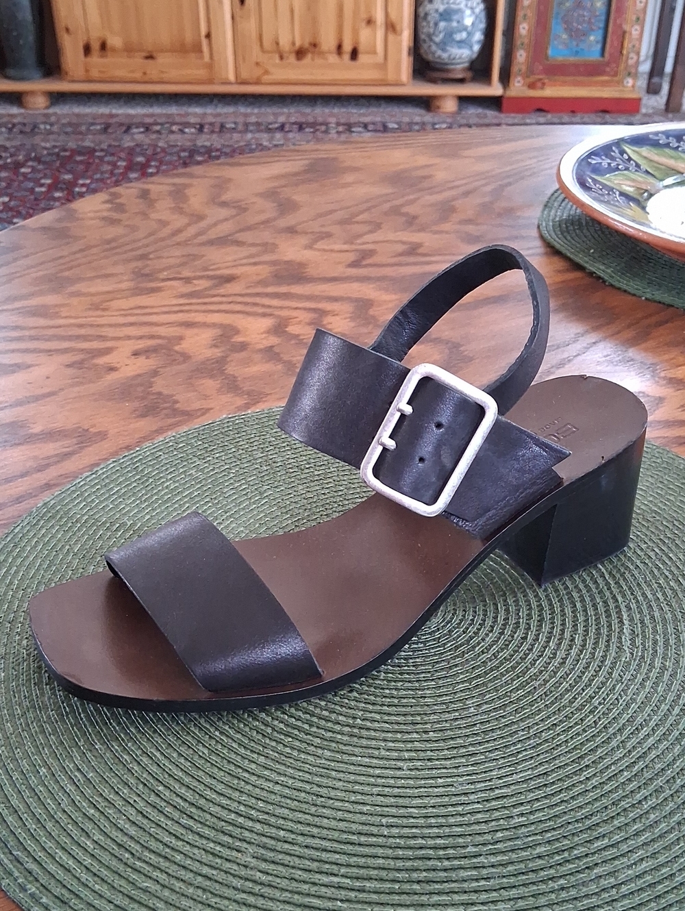Boemos Black Italian Leather Block Heeled Square Toe Sandals Size 40